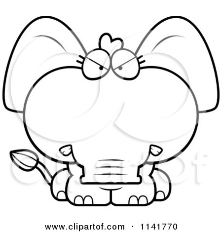 Cartoon Clipart Of A Black And White Mad Baby Elephant - Vector Outlined Coloring Page by Cory Thoman