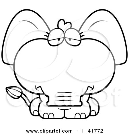 Cartoon Clipart Of A Black And White Depressed Baby Elephant - Vector Outlined Coloring Page by Cory Thoman