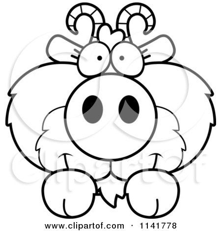 Cartoon Clipart Of A Black And White Cute Goat Looking Over A Surface - Vector Outlined Coloring Page by Cory Thoman