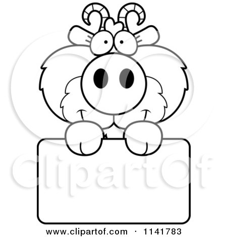 Cartoon Clipart Of A Black And White Cute Goat Holding A Sign - Vector Outlined Coloring Page by Cory Thoman