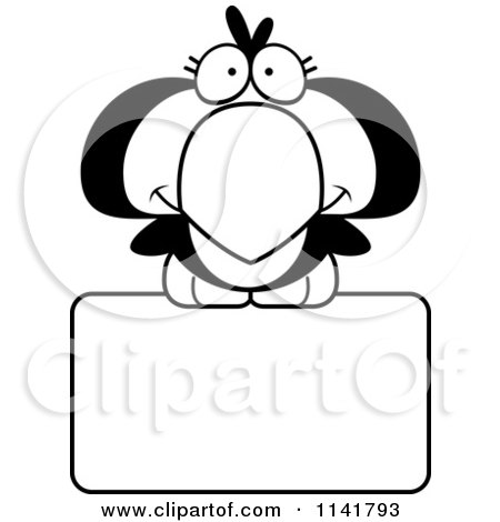 Cartoon Clipart Of A Black And White Cute Penguin Chick Over A Sign - Vector Outlined Coloring Page by Cory Thoman