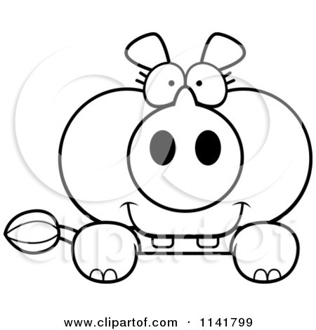 Cartoon Clipart Of A Black And White Rhino Looking Over A Surface - Vector Outlined Coloring Page by Cory Thoman