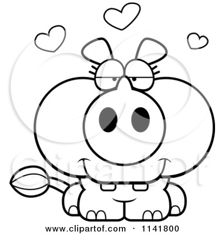 Cartoon Clipart Of A Black And White Rhino In Love - Vector Outlined Coloring Page by Cory Thoman