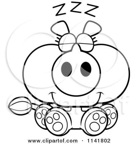 Cartoon Clipart Of A Black And White Sleeping Rhino - Vector Outlined Coloring Page by Cory Thoman