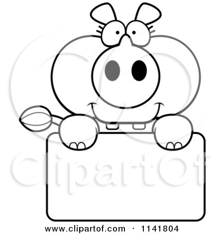 Cartoon Clipart Of A Black And White Rhino Holding A Sign - Vector Outlined Coloring Page by Cory Thoman