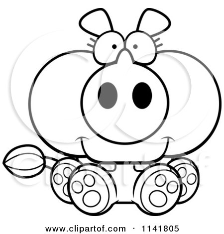 Cartoon Clipart Of A Black And White Sitting Rhino - Vector Outlined Coloring Page by Cory Thoman