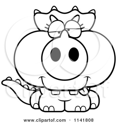 Cartoon Clipart Of A Black And White Drunk Baby Triceratops - Vector Outlined Coloring Page by Cory Thoman