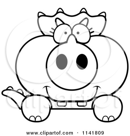 Cartoon Clipart Of A Black And White Baby Triceratops Looking Over A Surface - Vector Outlined Coloring Page by Cory Thoman
