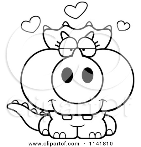 Cartoon Clipart Of A Black And White Baby Triceratops In Love - Vector Outlined Coloring Page by Cory Thoman