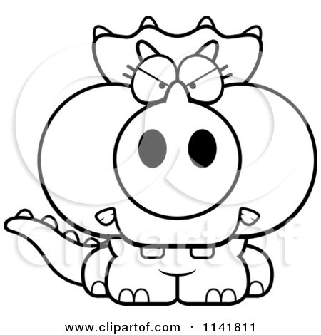 Cartoon Clipart Of A Black And White Mad Baby Triceratops - Vector Outlined Coloring Page by Cory Thoman