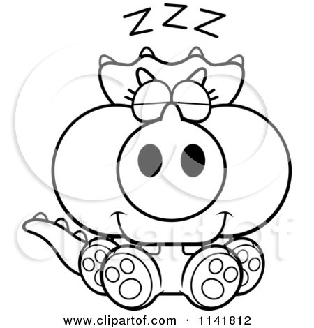 Cartoon Clipart Of A Black And White Baby Triceratops Sleeping - Vector Outlined Coloring Page by Cory Thoman