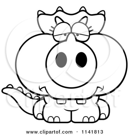 Cartoon Clipart Of A Black And White Depressed Baby Triceratops - Vector Outlined Coloring Page by Cory Thoman