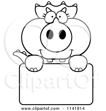 Cartoon Clipart Of A Black And White Baby Triceratops Holding A Blank Sign - Vector Outlined Coloring Page by Cory Thoman