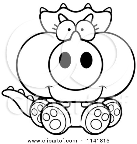 Cartoon Clipart Of A Black And White Baby Triceratops Sitting - Vector Outlined Coloring Page by Cory Thoman
