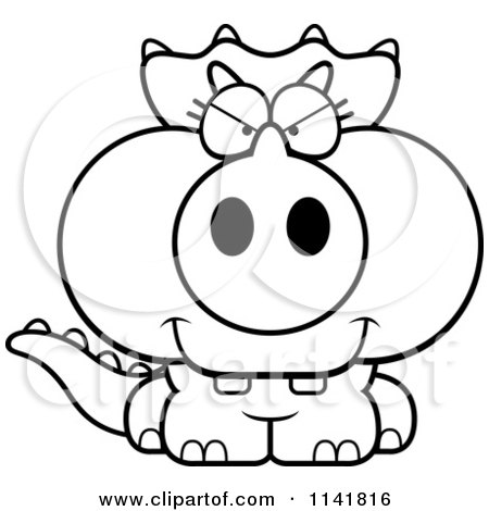 Cartoon Clipart Of A Black And White Sly Baby Triceratops - Vector Outlined Coloring Page by Cory Thoman