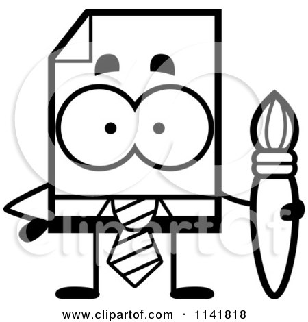 Cartoon Clipart Of A Black And White Business Document Mascot Holding A Paintbrush - Vector Outlined Coloring Page by Cory Thoman