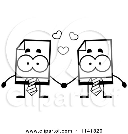 Cartoon Clipart Of Black And White Business Document Mascots Holding Hands - Vector Outlined Coloring Page by Cory Thoman