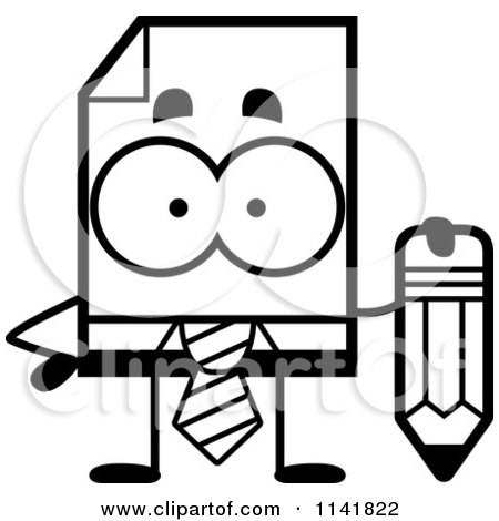 Cartoon Clipart Of A Black And White Business Document Mascot Holding A Pencil - Vector Outlined Coloring Page by Cory Thoman