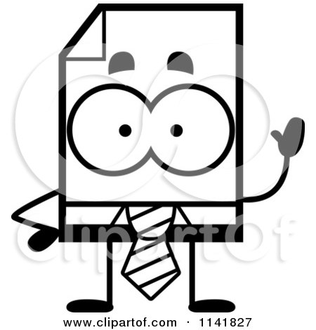 Cartoon Clipart Of A Black And White Business Document Mascot Waving - Vector Outlined Coloring Page by Cory Thoman