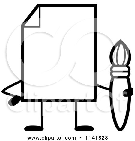 Cartoon Clipart Of A Black And White Blank Document Mascot Holding A Paintbrush - Vector Outlined Coloring Page by Cory Thoman