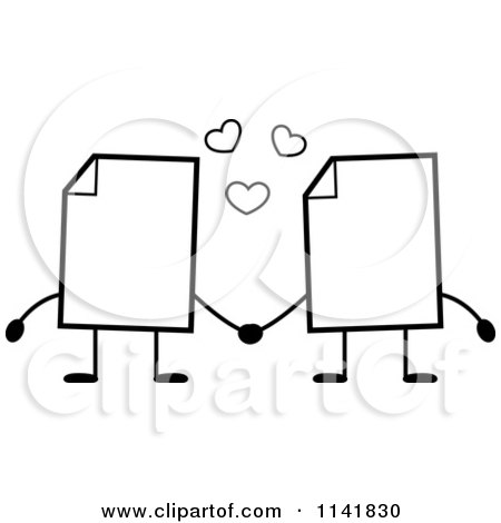 Cartoon Clipart Of Black And White Blank Document Mascots Holding Hands - Vector Outlined Coloring Page by Cory Thoman
