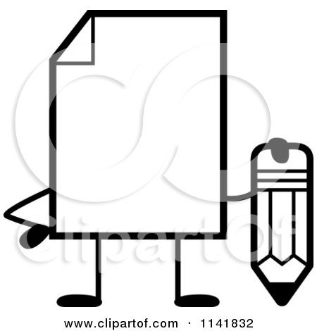 Cartoon Clipart Of A Black And White Blank Document Mascot Holding A Pencil - Vector Outlined Coloring Page by Cory Thoman