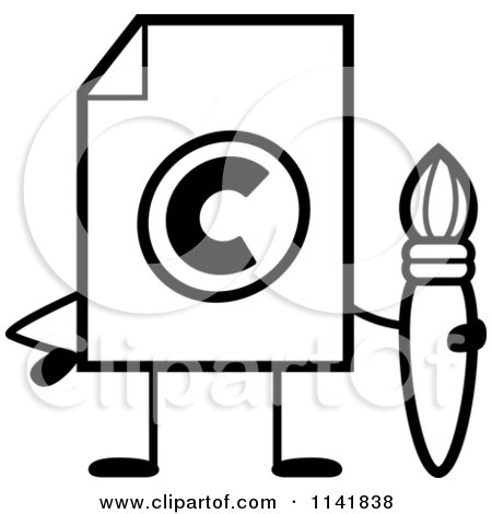 Cartoon Clipart Of A Black And White Copyright Document Mascot Holding A Paintbrush - Vector Outlined Coloring Page by Cory Thoman