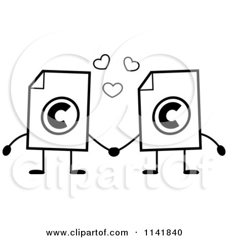 Cartoon Clipart Of Black And White Copyright Document Mascots Holding Hands - Vector Outlined Coloring Page by Cory Thoman