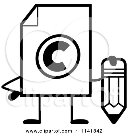 Cartoon Clipart Of A Black And White Copyright Document Mascot Holding A Pencil - Vector Outlined Coloring Page by Cory Thoman