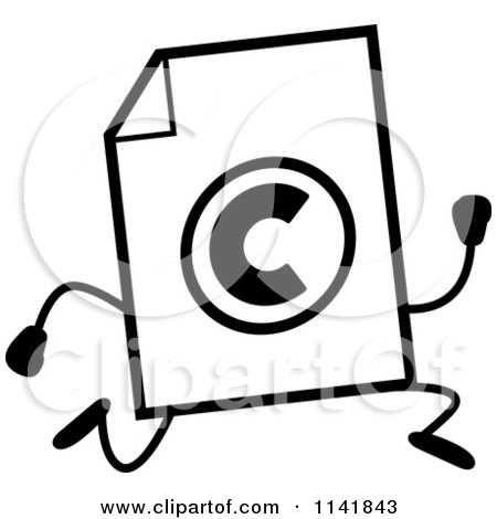 Cartoon Clipart Of A Black And White Copyright Document Mascot Running - Vector Outlined Coloring Page by Cory Thoman