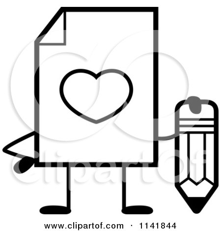 Cartoon Clipart Of A Black And White Love Document Mascot Holding A Pencil - Vector Outlined Coloring Page by Cory Thoman