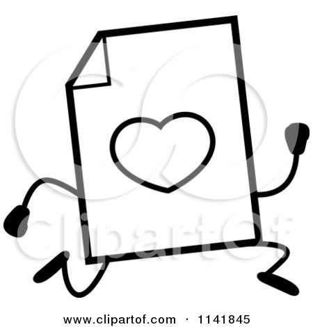 Cartoon Clipart Of A Black And White Love Document Mascot Running - Vector Outlined Coloring Page by Cory Thoman