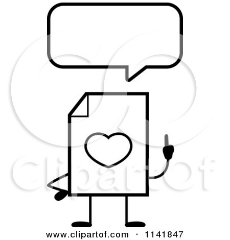 Cartoon Clipart Of A Black And White Love Document Mascot Talking - Vector Outlined Coloring Page by Cory Thoman