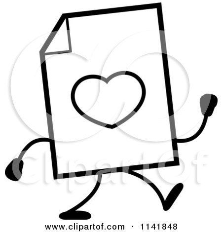 Cartoon Clipart Of A Black And White Love Document Mascot Walking - Vector Outlined Coloring Page by Cory Thoman