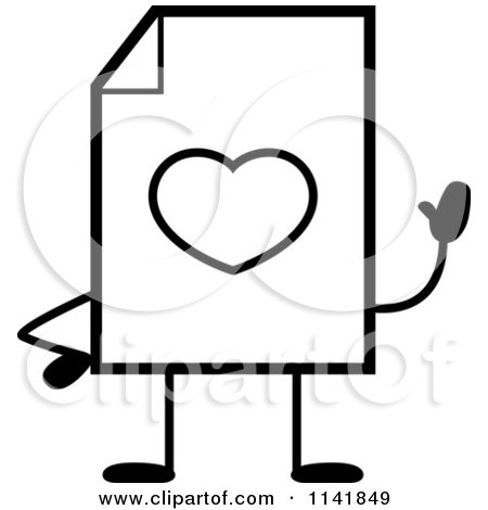 Cartoon Clipart Of A Black And White Love Document Mascot Waving - Vector Outlined Coloring Page by Cory Thoman