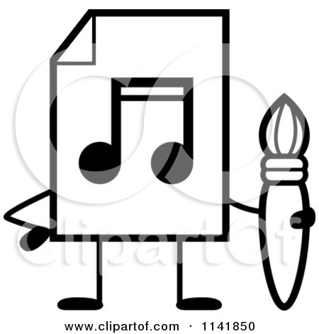 Cartoon Clipart Of A Black And White MP3 Music Document Mascot Holding A Paintbrush - Vector Outlined Coloring Page by Cory Thoman