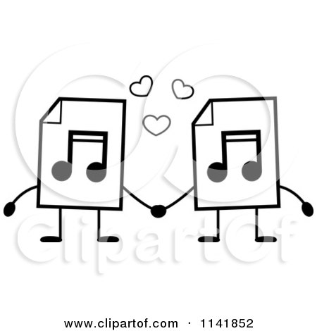 Cartoon Clipart Of Black And White MP3 Music Document Mascots Holding Hands - Vector Outlined Coloring Page by Cory Thoman