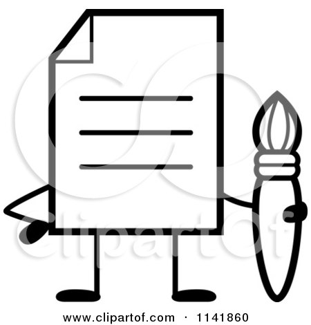 Cartoon Clipart Of A Black And White Note Document Mascot Holding A Paintbrush - Vector Outlined Coloring Page by Cory Thoman