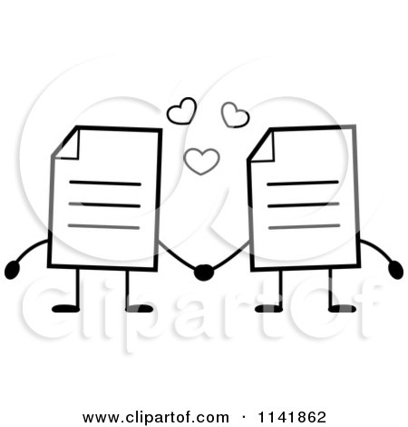 Cartoon Clipart Of Black And White Note Document Mascots Holding Hands - Vector Outlined Coloring Page by Cory Thoman