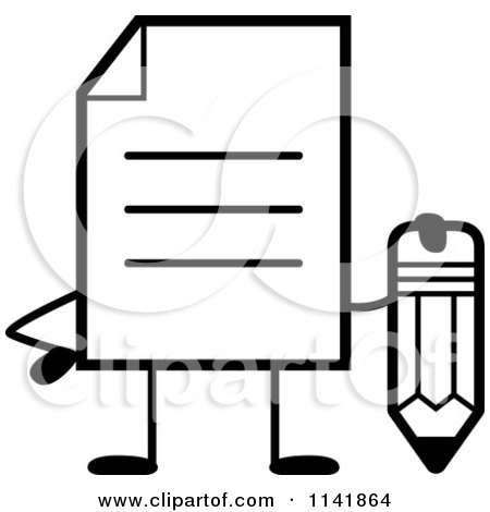 Cartoon Clipart Of A Black And White Note Document Mascot Holding A Pencil - Vector Outlined Coloring Page by Cory Thoman