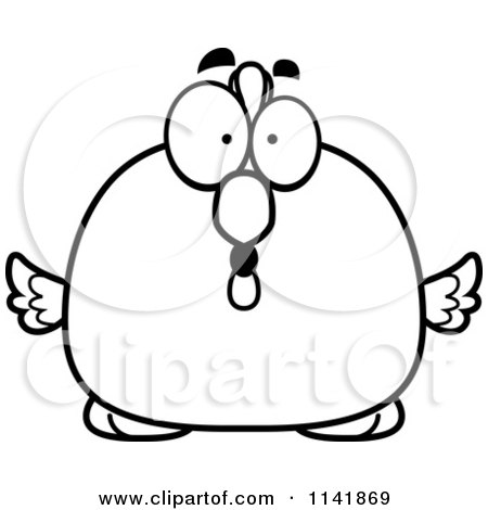 Cartoon Clipart Of A Black And White Surprised Chubby Rooster Chick - Vector Outlined Coloring Page by Cory Thoman