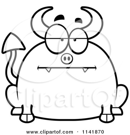 Cartoon Clipart Of A Black And White Chubby Bored Devil - Vector Outlined Coloring Page by Cory Thoman