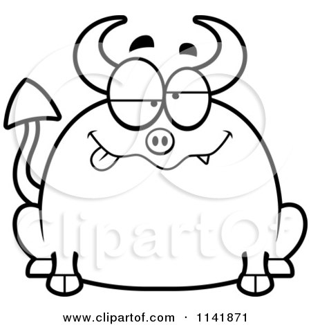 Cartoon Clipart Of A Black And White Chubby Drunk Devil - Vector Outlined Coloring Page by Cory Thoman