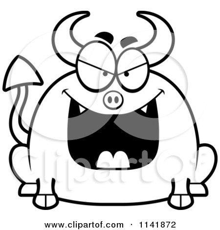 Cartoon Clipart Of A Black And White Chubby Evil Devil - Vector Outlined Coloring Page by Cory Thoman