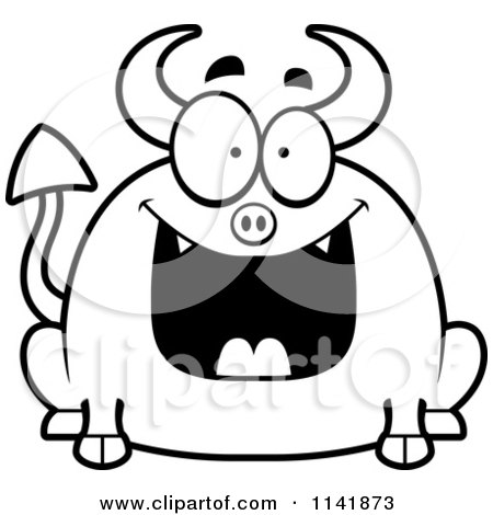 Cartoon Clipart Of A Black And White Chubby Grinning Devil - Vector Outlined Coloring Page by Cory Thoman