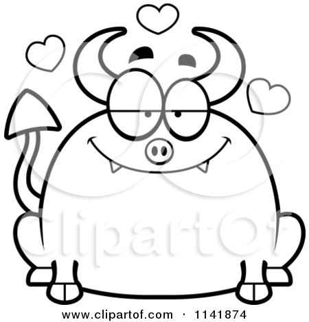Cartoon Clipart Of A Black And White Chubby Devil In Love - Vector Outlined Coloring Page by Cory Thoman