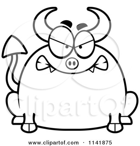 Cartoon Clipart Of A Black And White Chubby Mad Devil - Vector Outlined Coloring Page by Cory Thoman