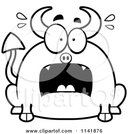 Cartoon Clipart Of A Black And White Chubby Panicking Devil - Vector Outlined Coloring Page by Cory Thoman