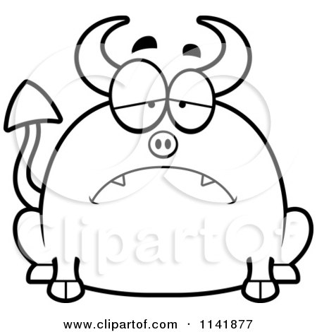 Cartoon Clipart Of A Black And White Chubby Sad Devil - Vector Outlined Coloring Page by Cory Thoman