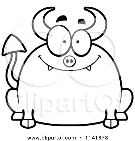 Cartoon Clipart Of A Black And White Chubby Smiling Devil - Vector Outlined Coloring Page by Cory Thoman
